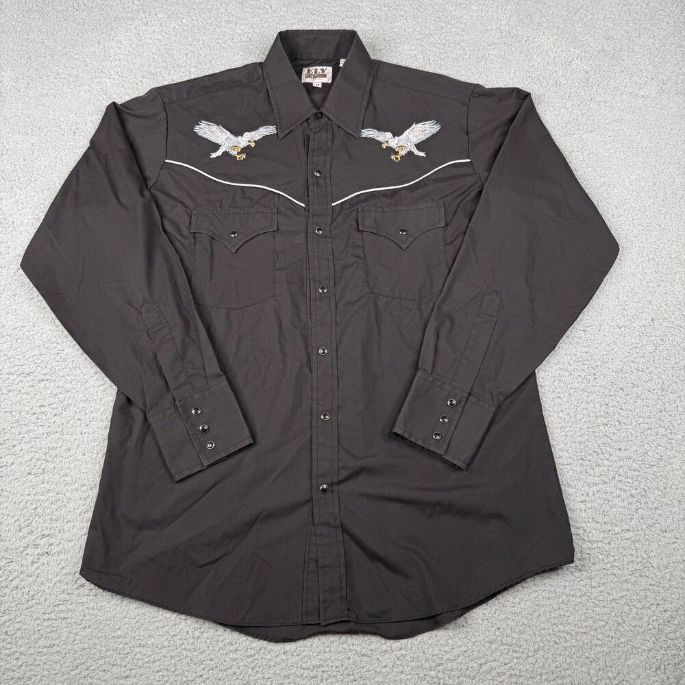 Ely Cattleman Western Shirt Mens Medium Black Pearl Snap Eagle Embroidered Rodeo
